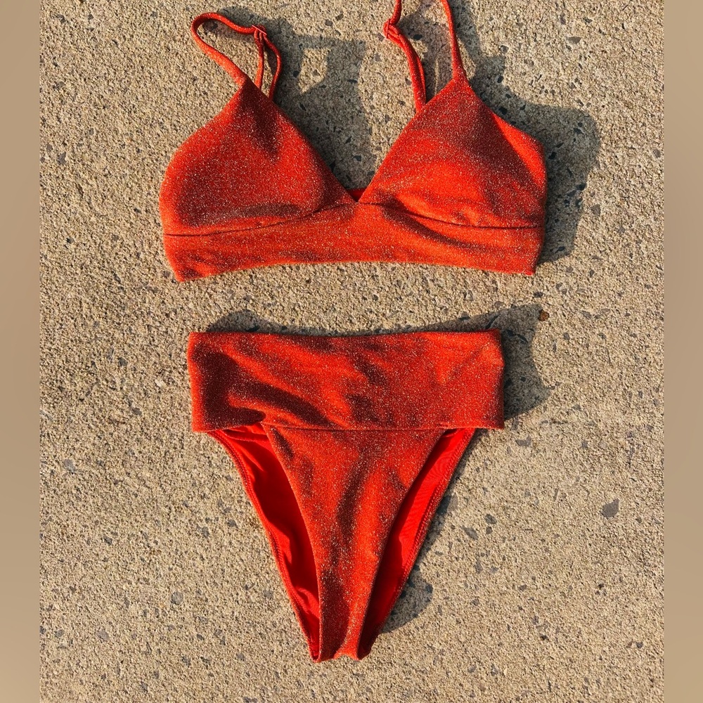 Aerie Orange Sparkle Hi Cut Cheeky Bikini